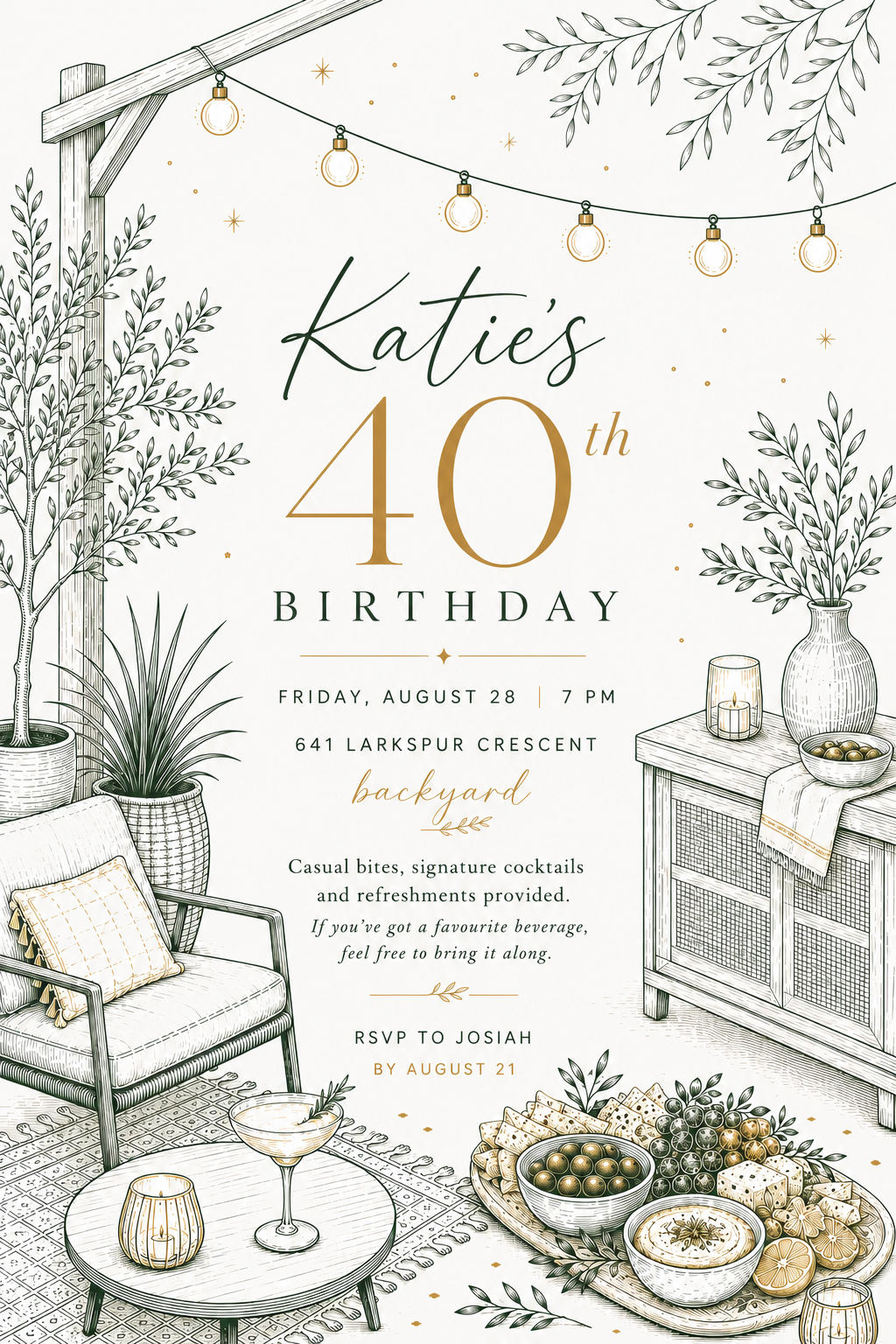 Katie's 40th birthday invitation: Friday, August 28, 7 PM, at 641 Larkspur Crescent